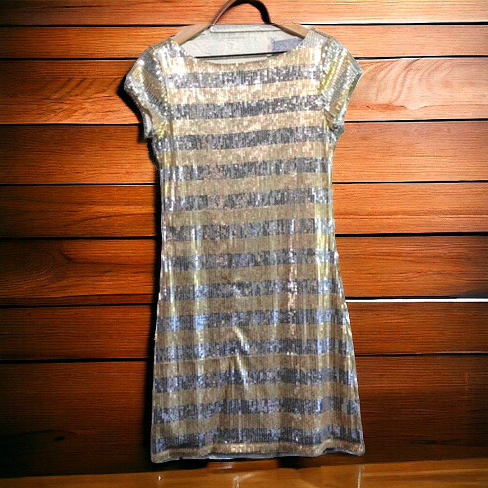 White House Black Market gold and silver striped‎ sequin mini dress size XS